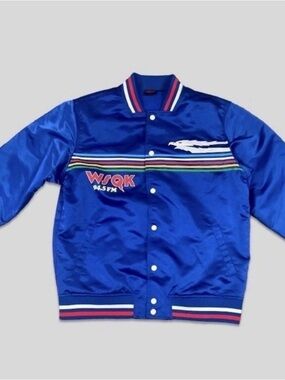 NEW Men's Stranger Things WSQK Satin Bomber Jacket - Blue - Large